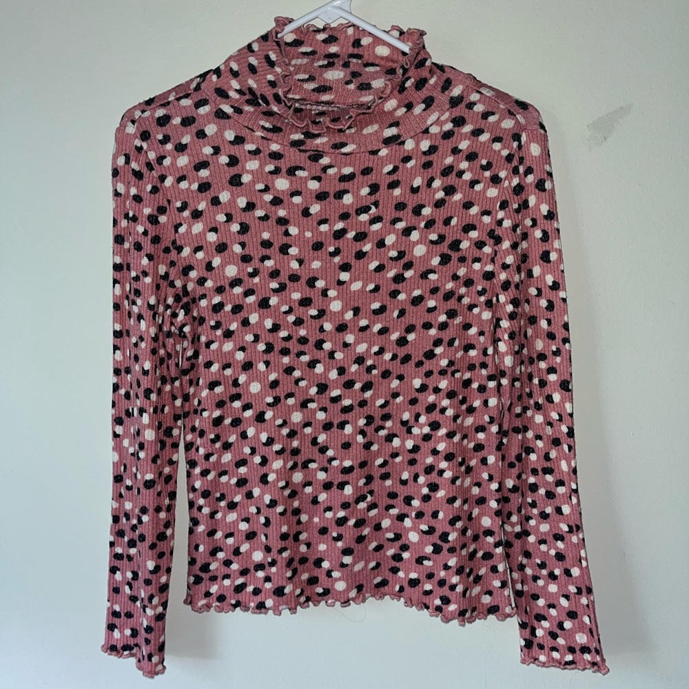 Wonder Nation Pink Polka Dot Long Sleeved Ribbed Lettuce Trim Top, Size Large